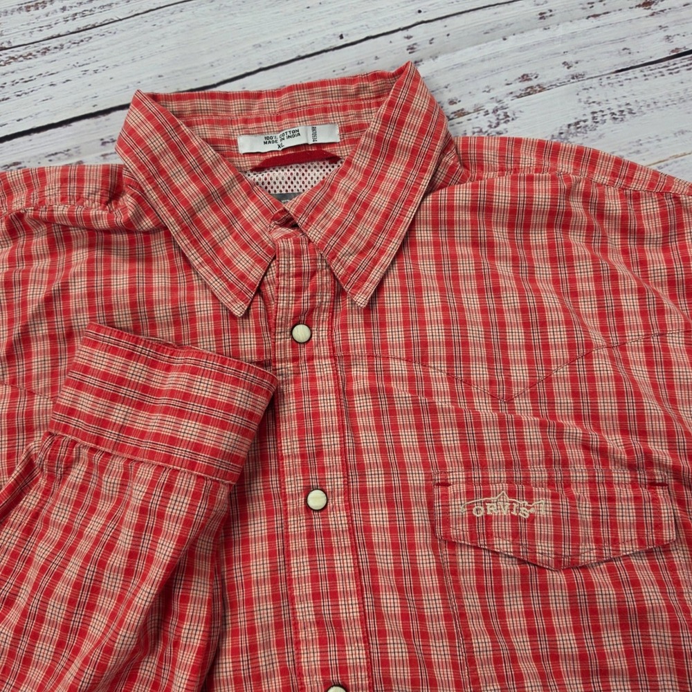 Orvis Trout Bum Western Shirt Mens XL Red Plaid Excellent Pearl Snap Vented